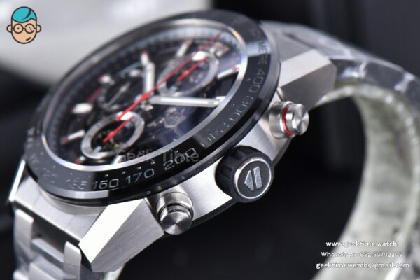 Calibre Heuer 01 Chrono XF 45MM PVD Skeleton Dial Red Hand SS Bracelet A1887 - Image 8