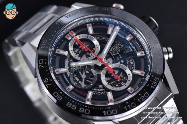 Calibre Heuer 01 Chrono XF 45MM PVD Skeleton Dial Red Hand SS Bracelet A1887 - Image 9