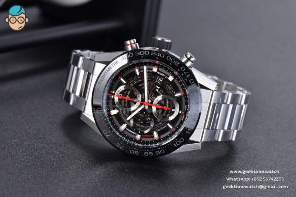 Calibre Heuer 01 Chrono XF 45MM PVD Skeleton Dial Red Hand SS Bracelet A1887 - Image 12