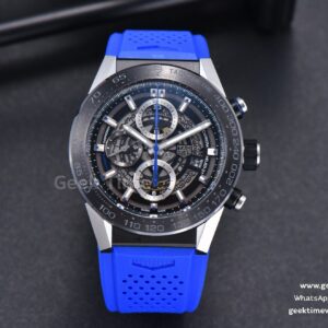 Calibre Heuer 01 Chrono XF 45mm PVD Skeleton Dial Blue Hand Blue Rubber Strap A1887