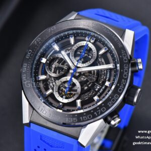 Calibre Heuer 01 Chrono XF 45MM PVD Skeleton Dial Blue Hand Blue Rubber Strap A1887