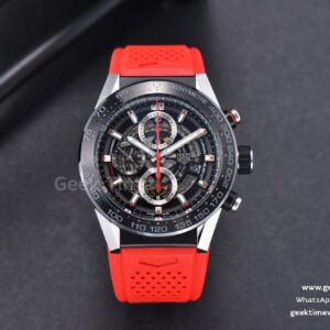 Calibre Heuer 01 Chrono XF 45mm Skeleton Dial Red Hand Red Rubber Strap A1887