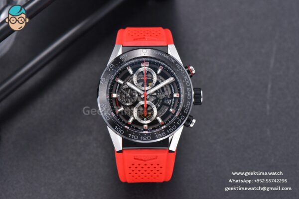 Calibre Heuer 01 Chrono XF 45MM Skeleton Dial Red Hand Red Rubber Strap A1887 - Image 2