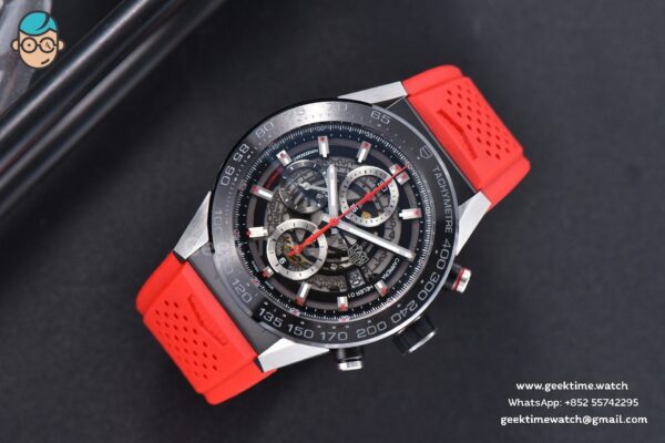 Calibre Heuer 01 Chrono XF 45MM Skeleton Dial Red Hand Red Rubber Strap A1887 - Image 3