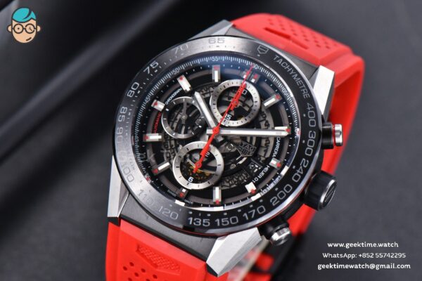 Calibre Heuer 01 Chrono XF 45MM Skeleton Dial Red Hand Red Rubber Strap A1887