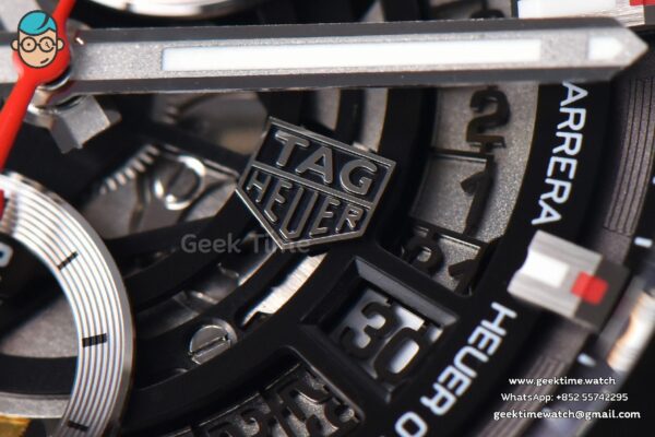 Calibre Heuer 01 Chrono XF 45MM Skeleton Dial Red Hand Red Rubber Strap A1887 - Image 7