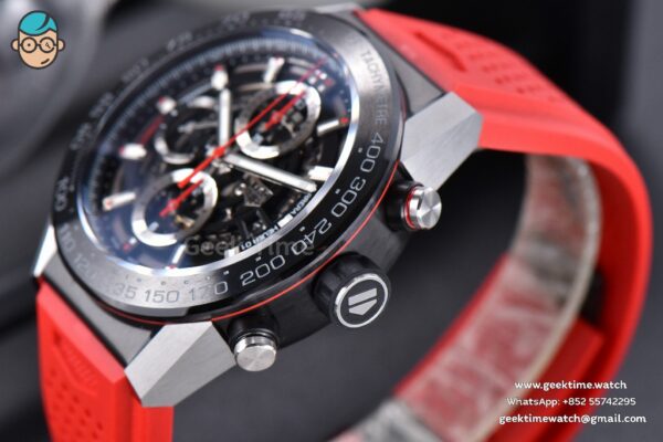 Calibre Heuer 01 Chrono XF 45MM Skeleton Dial Red Hand Red Rubber Strap A1887 - Image 8