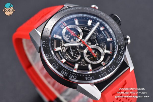 Calibre Heuer 01 Chrono XF 45MM Skeleton Dial Red Hand Red Rubber Strap A1887 - Image 9
