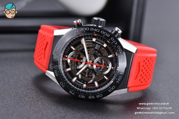 Calibre Heuer 01 Chrono XF 45MM Skeleton Dial Red Hand Red Rubber Strap A1887 - Image 12