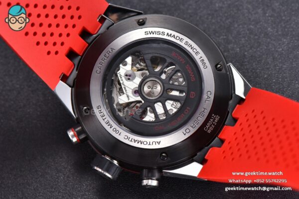 Calibre Heuer 01 Chrono XF 45MM Skeleton Dial Red Hand Red Rubber Strap A1887 - Image 13