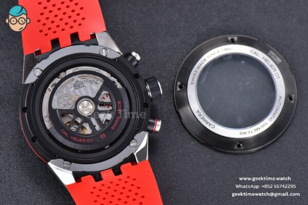 Calibre Heuer 01 Chrono XF 45MM Skeleton Dial Red Hand Red Rubber Strap A1887 - Image 15