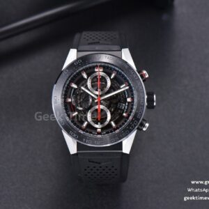 Calibre Heuer 01 Chrono XF 45mm PVD Skeleton Black Dial Red Hand Black Rubber Strap A1887