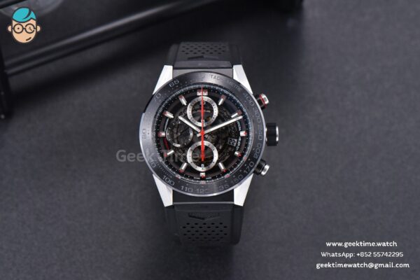 Calibre Heuer 01 Chrono XF 45MM PVD Skeleton Black Dial Red Hand Black Rubber Strap A1887 - Image 2