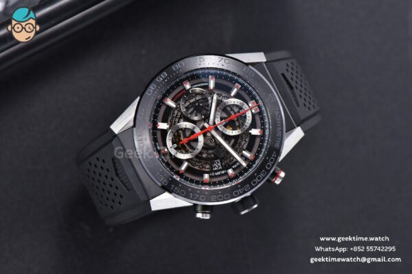 Calibre Heuer 01 Chrono XF 45MM PVD Skeleton Black Dial Red Hand Black Rubber Strap A1887 - Image 3