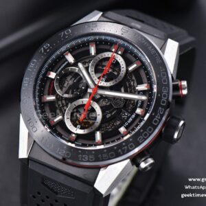 Calibre Heuer 01 Chrono XF 45MM PVD Skeleton Black Dial Red Hand Black Rubber Strap A1887