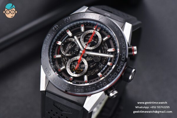 Calibre Heuer 01 Chrono XF 45MM PVD Skeleton Black Dial Red Hand Black Rubber Strap A1887