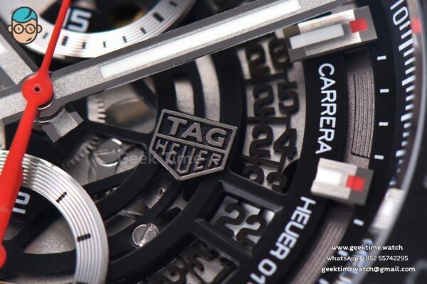 Calibre Heuer 01 Chrono XF 45MM PVD Skeleton Black Dial Red Hand Black Rubber Strap A1887 - Image 7