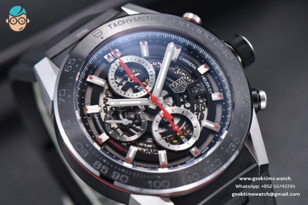 Calibre Heuer 01 Chrono XF 45MM PVD Skeleton Black Dial Red Hand Black Rubber Strap A1887 - Image 9