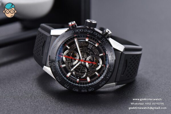Calibre Heuer 01 Chrono XF 45MM PVD Skeleton Black Dial Red Hand Black Rubber Strap A1887 - Image 12