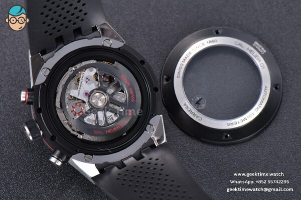 Calibre Heuer 01 Chrono XF 45MM PVD Skeleton Black Dial Red Hand Black Rubber Strap A1887 - Image 15
