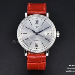 Portofino V7F 37mm quadrante argento con diamanti indice argento cinturino in pelle rossa A2892