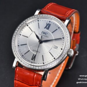 Portofino V7F 37MM Diamond Silver Dial Silver Marker Red Leather Strap A2892
