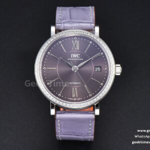 Portofino V7F 37mm quadrante grigio con diamanti indice argento cinturino in pelle color uva A2892