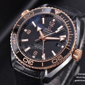 Planet Ocean 600m Deep Black Real Ceramic 45.5mm VSF Black/RG Dial Black Leather Strap A8906