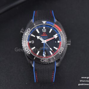 Planet Ocean 600m Deep Black Real Ceramic 45.5mm VSF Black Dial Blue/Red Bezel Rubber Strap A8906