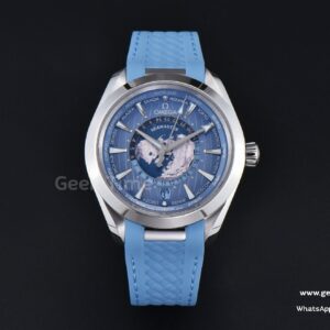 Aqua Terra 150m GMT Worldtimer 43mm VSF Ice Blue Dial Light Blue Rubber Strap A8938