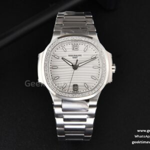 Nautilus 7118 Ladies 3KF 35mm esfera blanca con diamantes brazalete SS 324CS