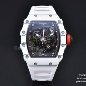 RM035-02 42mm White Forged Carbon T+F skelettiertes Zifferblatt rote Krone weißes Kautschukarmband RMUL2