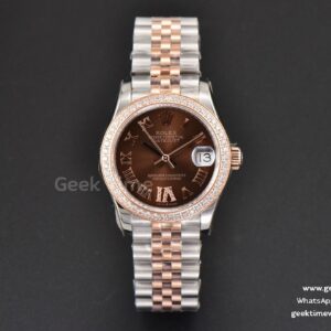 DateJust 31mm Ladies 904L RG/SS WF esfera marrón con diamantes índices Roma de diamantes brazalete Jubilee A2671
