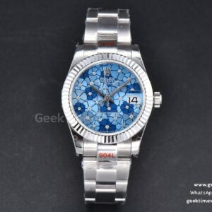 DateJust 31mm 904L GMF lunette cannelée cadran fleurs bleues bracelet Oyster A2824