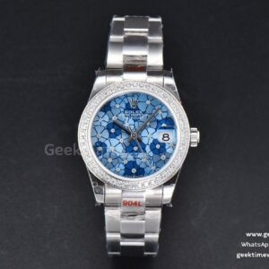 DateJust 31mm 904L GMF lunette diamants cadran fleurs bleues bracelet Oyster A2824