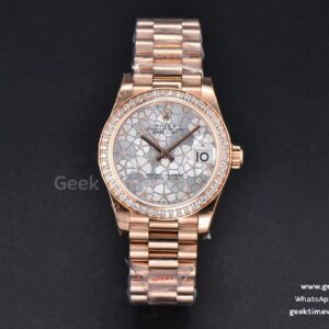 DateJust 31mm 904L RG GMF lunette diamants cadran fleurs argentées bracelet President A2824