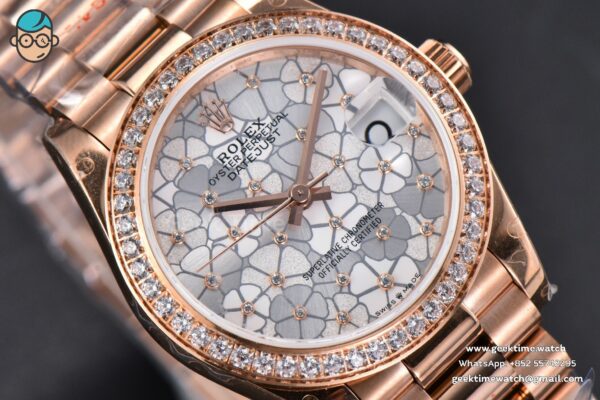 DateJust 31MM 904L RG GMF Diamond Bezel Silver Flowers Dial President Bracelet A2824 - Image 11