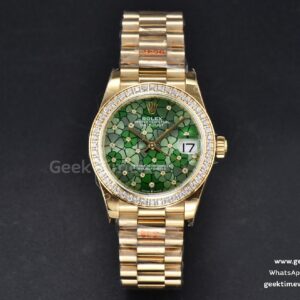 DateJust 31mm 904L YG GMF lunette diamants cadran fleurs vertes bracelet President A2824