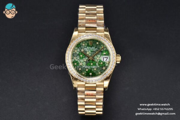 DateJust 31MM 904L YG GMF Diamond Bezel Green Flowers Dial President Bracelet A2824 - Image 2