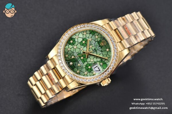 DateJust 31MM 904L YG GMF Diamond Bezel Green Flowers Dial President Bracelet A2824 - Image 3
