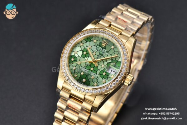 DateJust 31MM 904L YG GMF Diamond Bezel Green Flowers Dial President Bracelet A2824
