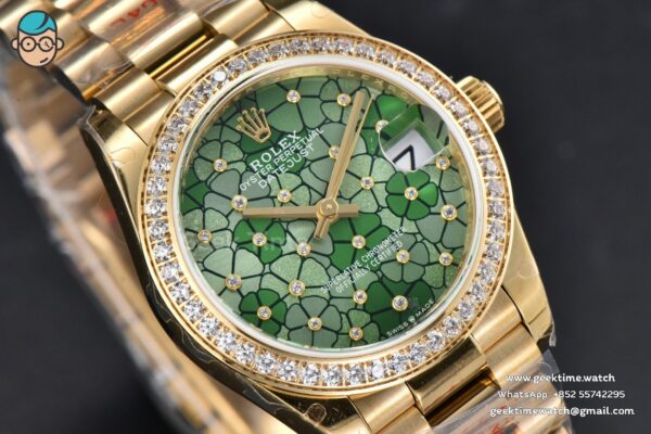DateJust 31MM 904L YG GMF Diamond Bezel Green Flowers Dial President Bracelet A2824 - Image 11