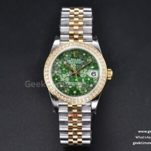 DateJust 31mm 904L YG GMF lunette diamants cadran fleurs vertes bracelet Jubilee A2824