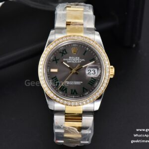 DateJust 36mm YG/SS Diamond BPF graues Wimbledon-Zifferblatt grüne Roma-Indizes Oyster-Armband A2824