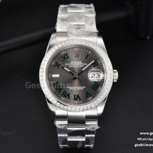 DateJust 36mm Diamond BPF graues Wimbledon-Zifferblatt grüne Roma-Indizes Oyster-Armband A2824