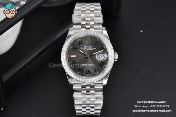 DateJust 36mm BPF Diamond Wimbledon Gray Dial Green Roma Marker Jubilee Bracelet A2824 - Image 2