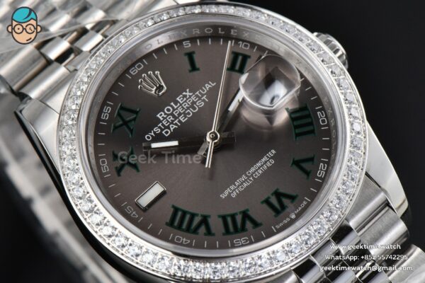 DateJust 36mm BPF Diamond Wimbledon Gray Dial Green Roma Marker Jubilee Bracelet A2824 - Image 9