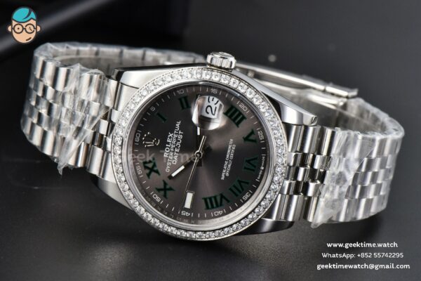 DateJust 36mm BPF Diamond Wimbledon Gray Dial Green Roma Marker Jubilee Bracelet A2824 - Image 13