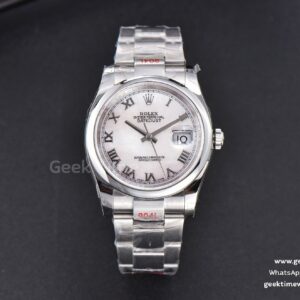 DateJust 36mm SS GMF glatte Lünette weißes Perlmutt-Zifferblatt Roma-Indizes Oyster-Armband VR3235