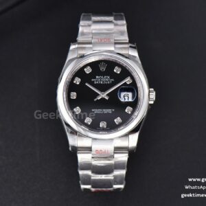 DateJust 36mm SS GMF Smooth Bezel Black Dial Diamond Marker Oyster Bracelet VR3235